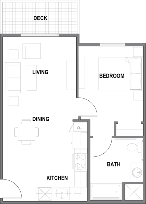 Floor plan for 1 bed, 1 bath, 605 sqft